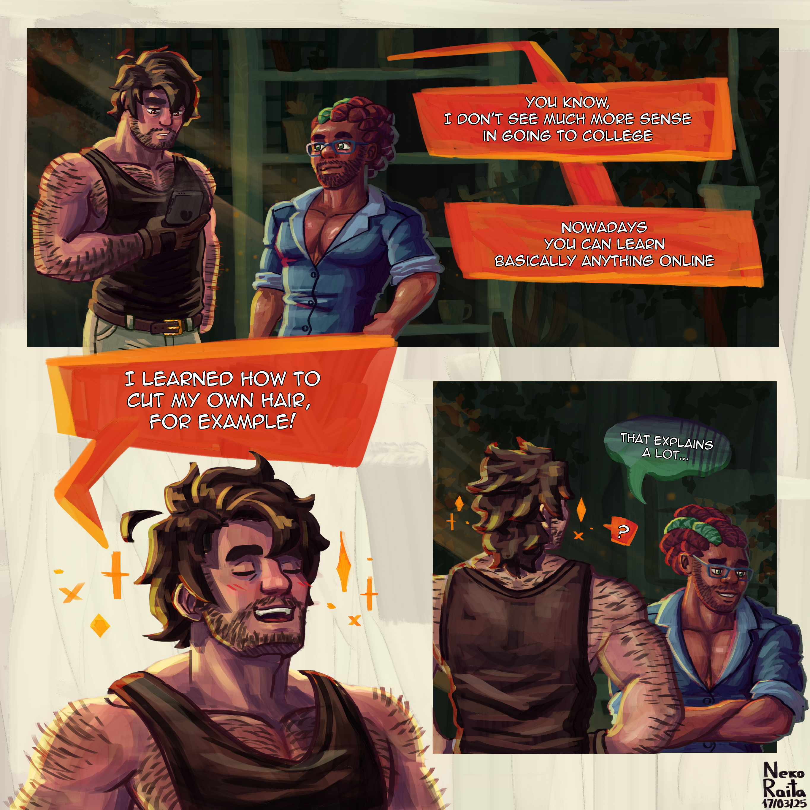 A 3-panel comic strip consisting of a casual conversation between Maurício and Saulo. Maurício says: "You know, I don